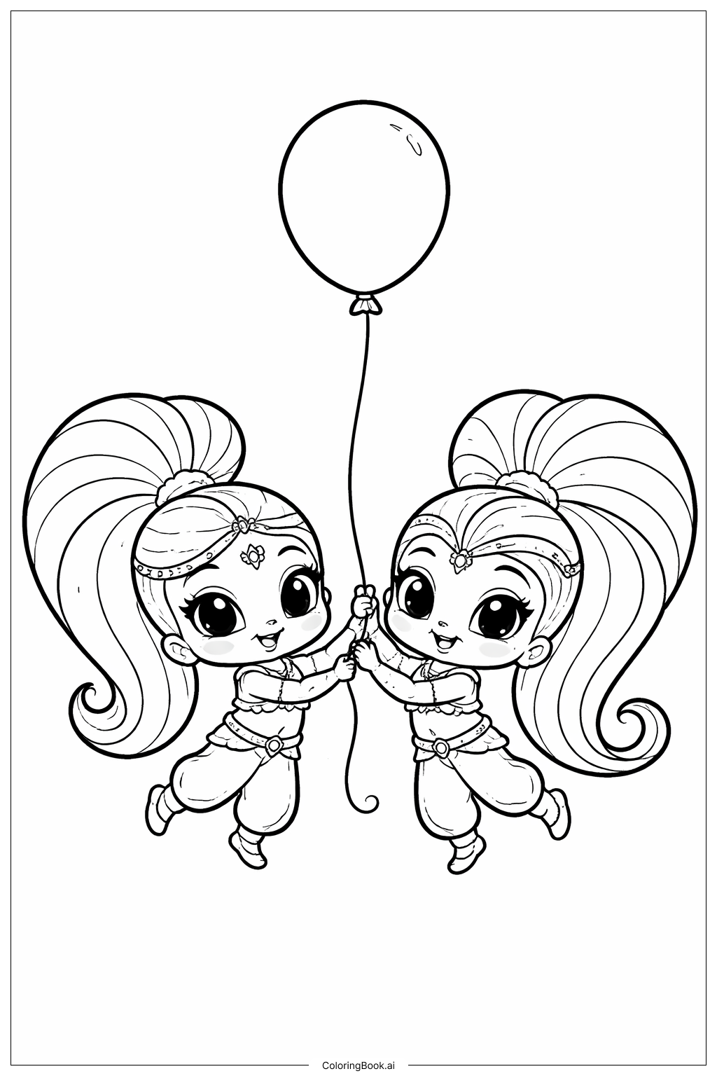 Shimmer und Shine halten einen Ballon Ausmalseite