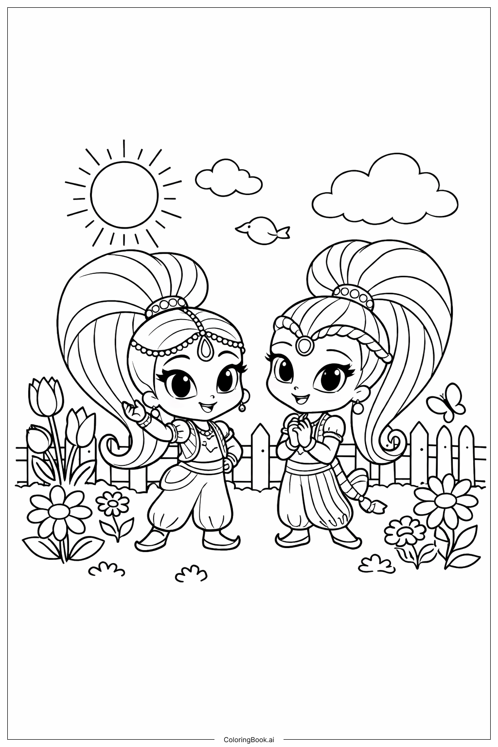 Shimmer und Shine im Garten Ausmalseite