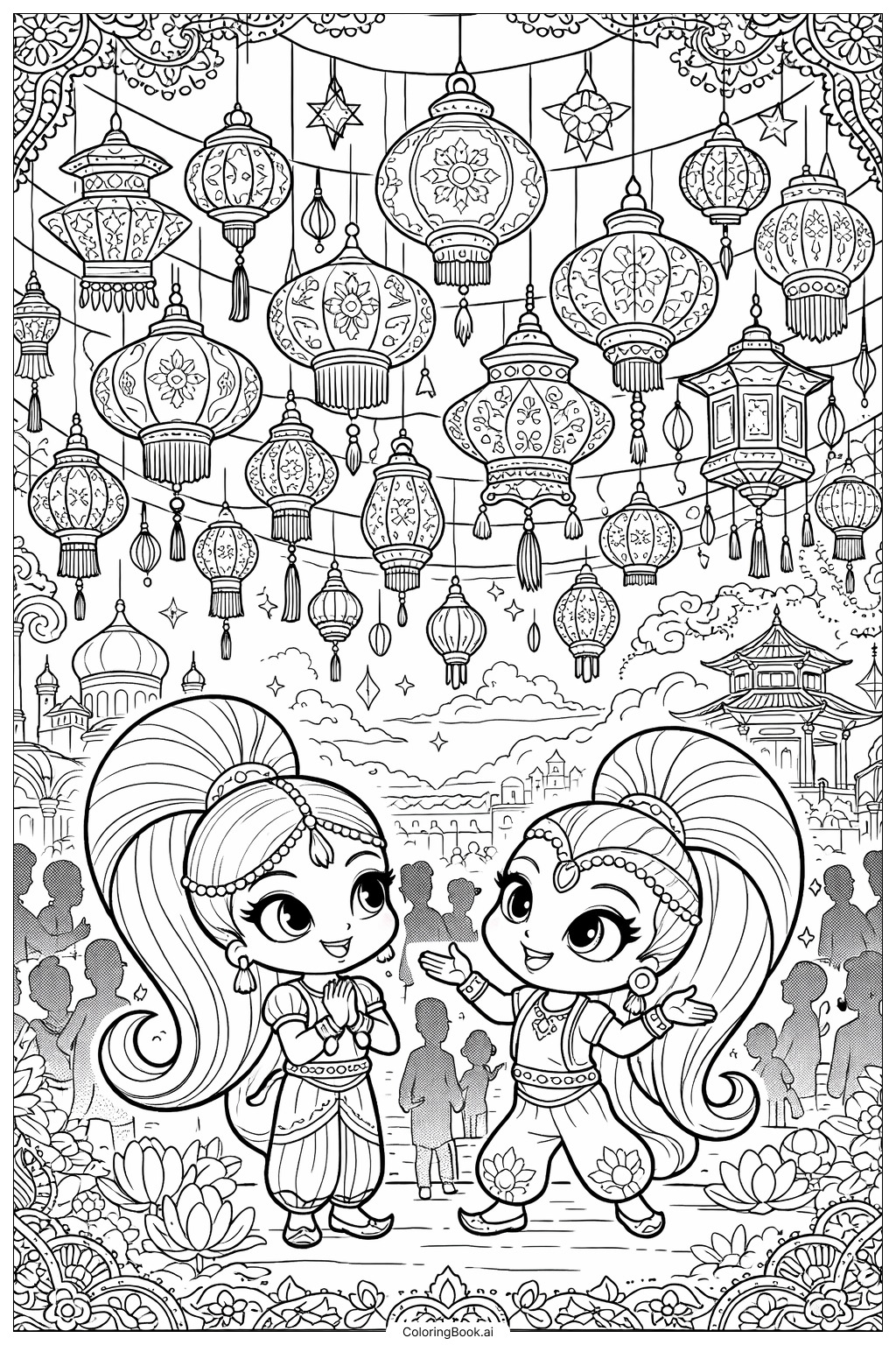 Shimmer And Shine In Lantern Festival Coloring Page