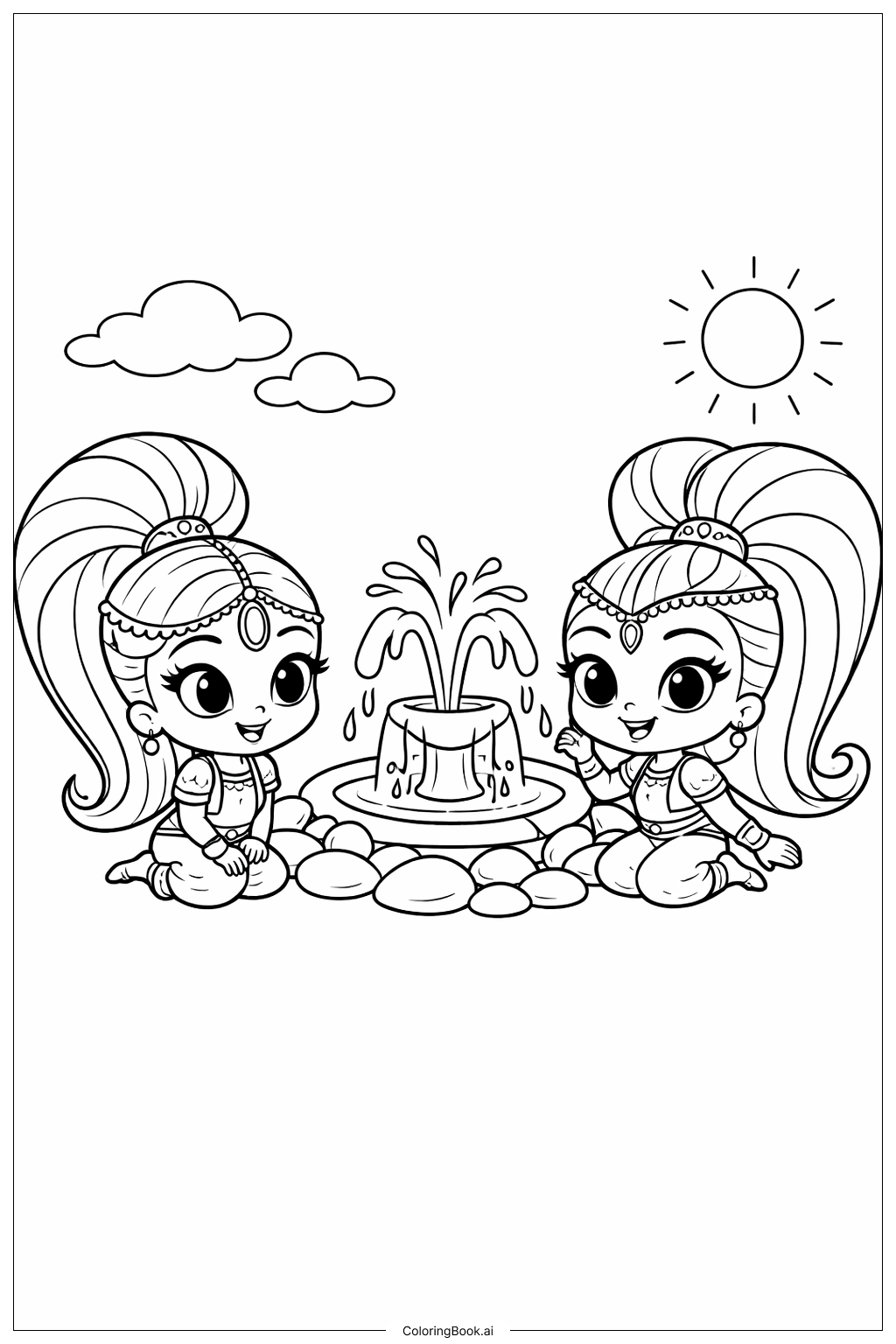  Página para colorir de Shimmer e Shine Perto da Fonte 