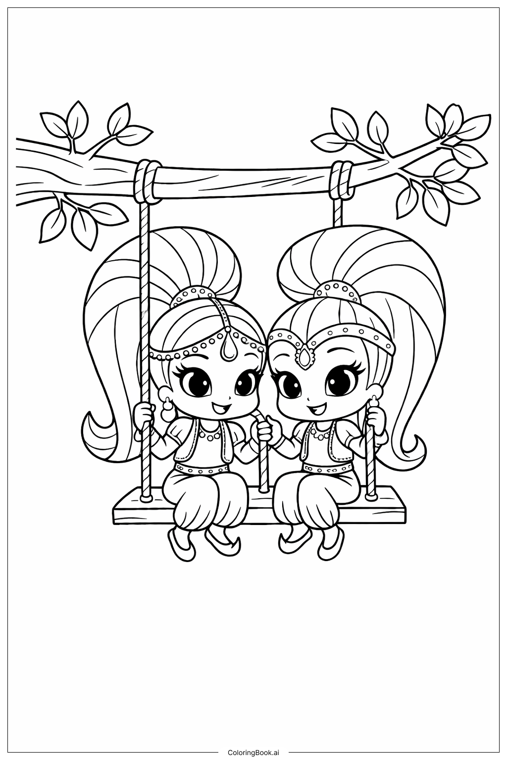  Shimmer und Shine auf der Schaukel Ausmalseite 