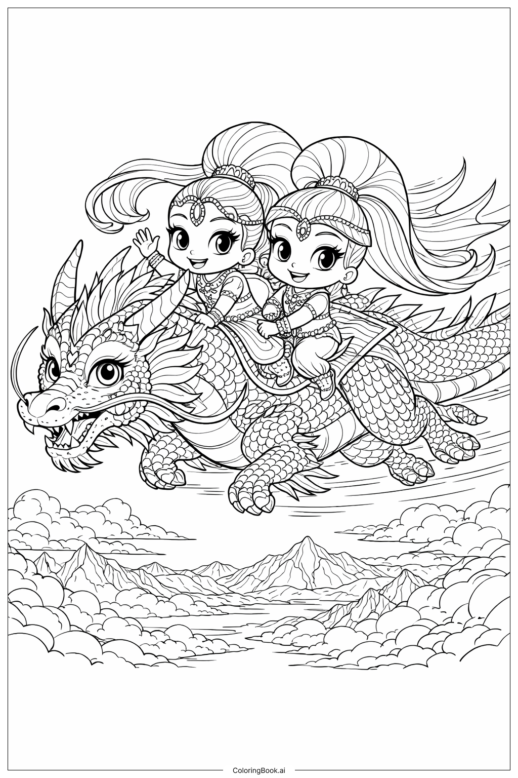 Shimmer And Shine Riding Dragon Coloring Page