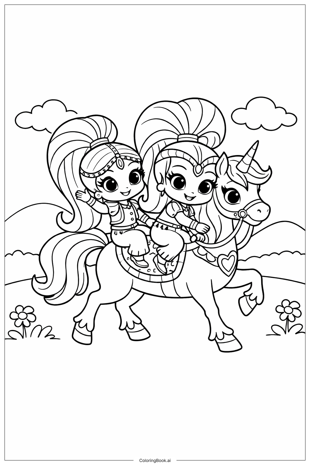 샤이머 앤 샤인 유니콘 타기 색칠공부 페이지