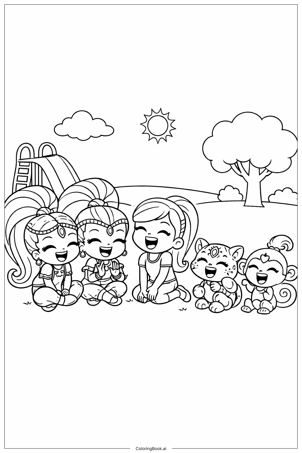 친구들과 함께하는 시머와 샤인 색칠공부 페이지