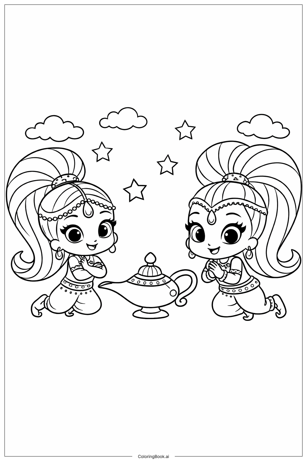  샤이머 앤 샤인과 마법의 램프 색칠공부 페이지 