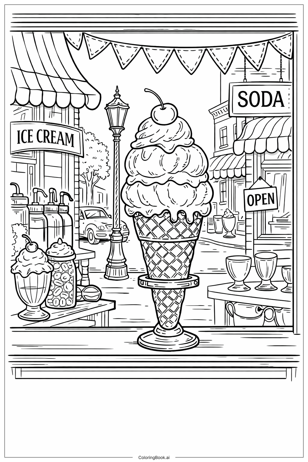  가게 창문 아이스크림 콘 색칠공부 페이지 