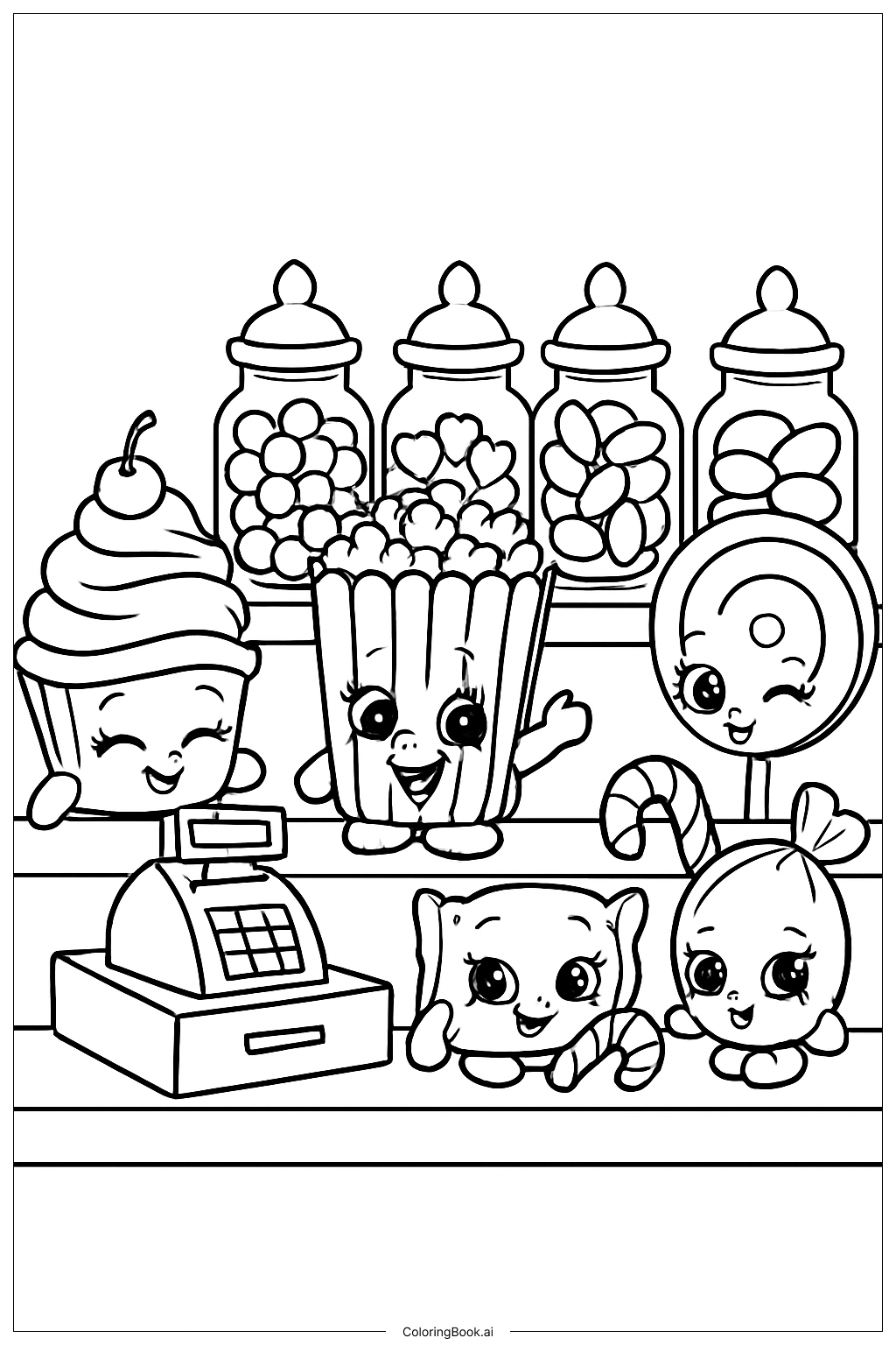  Shopkins 糖果店柜台填色页 