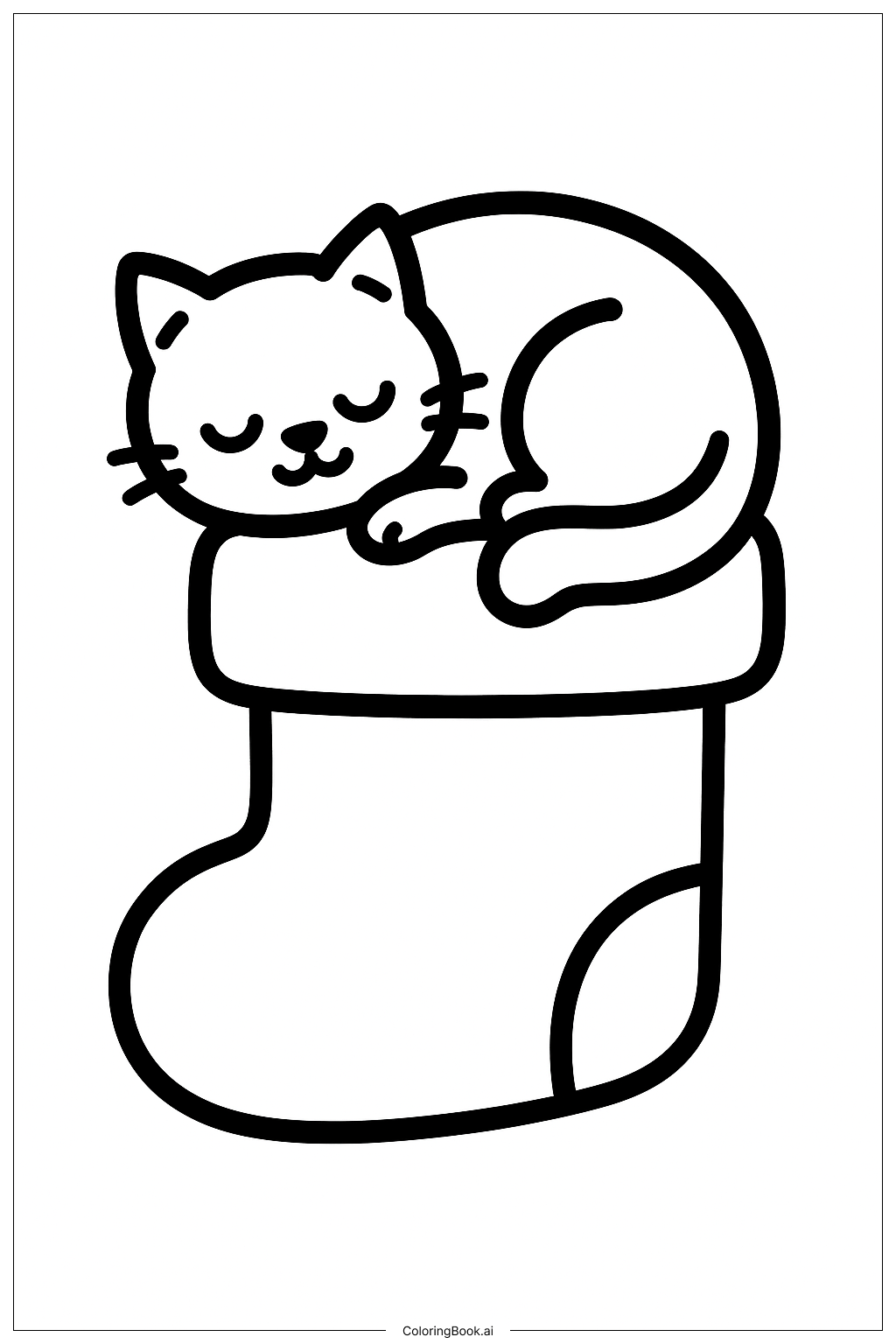  睡觉的圣诞猫咪在长筒袜上填色页 