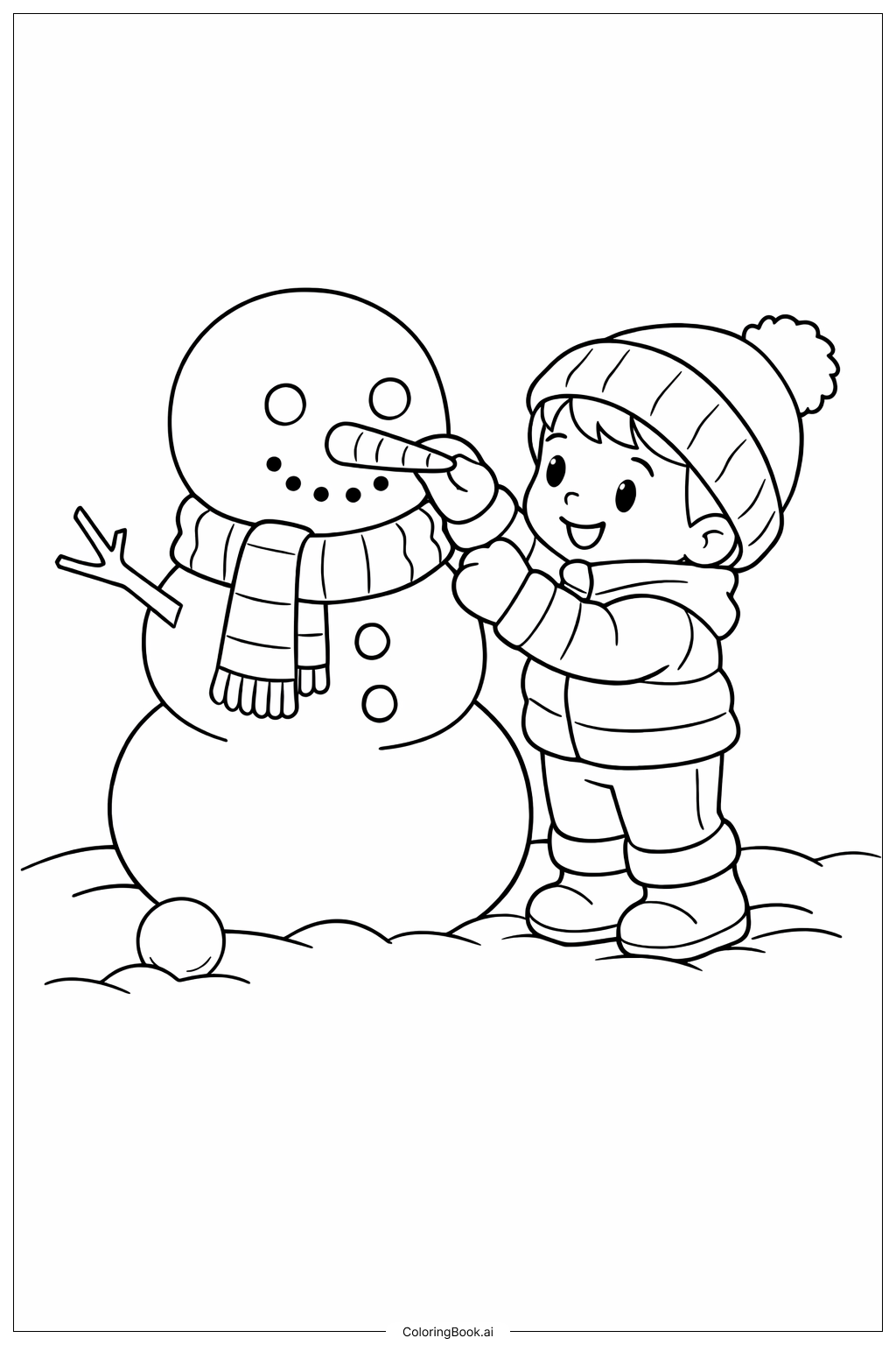  雪だるまを作るキャラクターの塗り絵ページ 