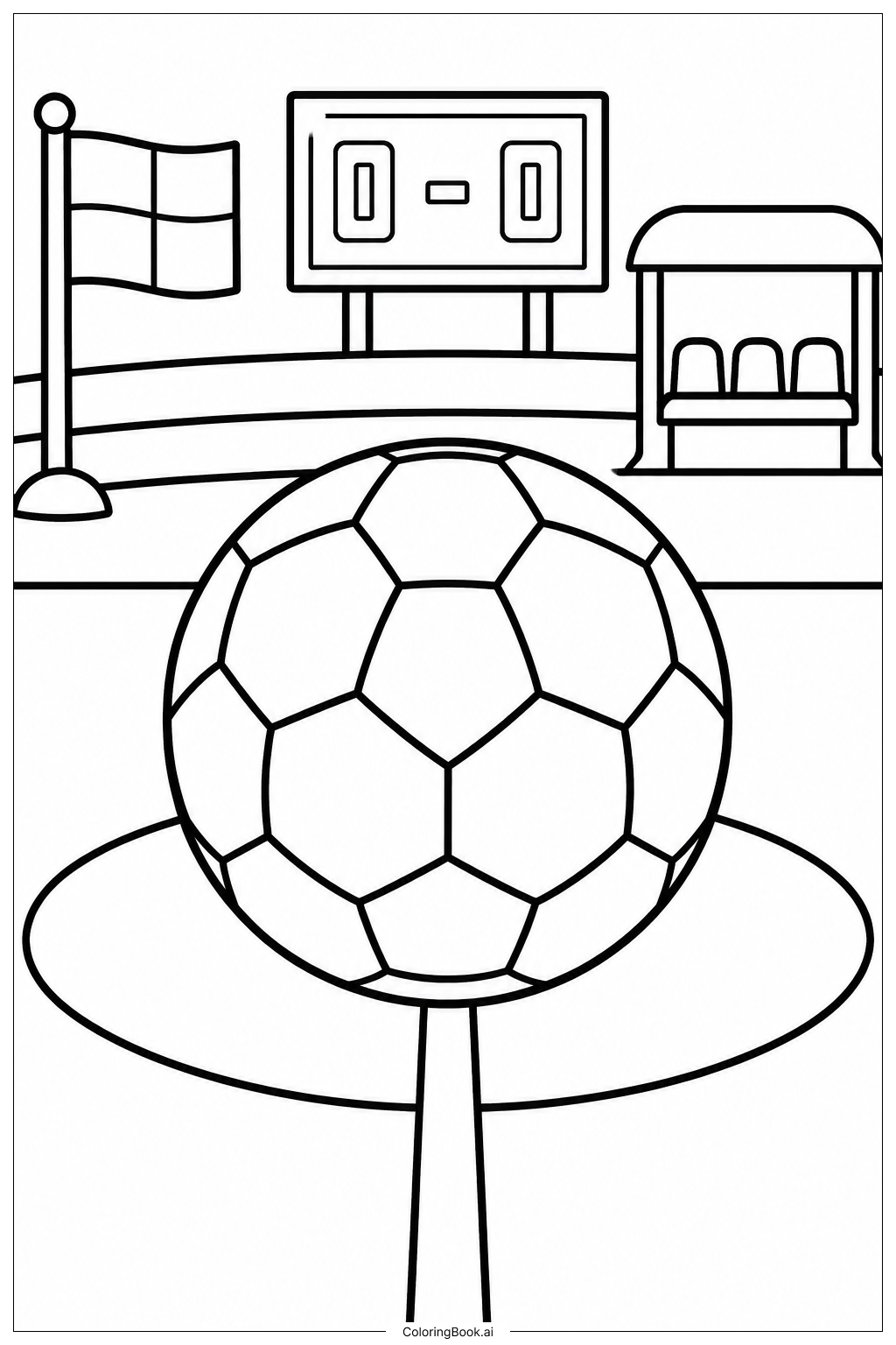  Página para colorear de Balón de Fútbol en el Punto de Saque Inicial 