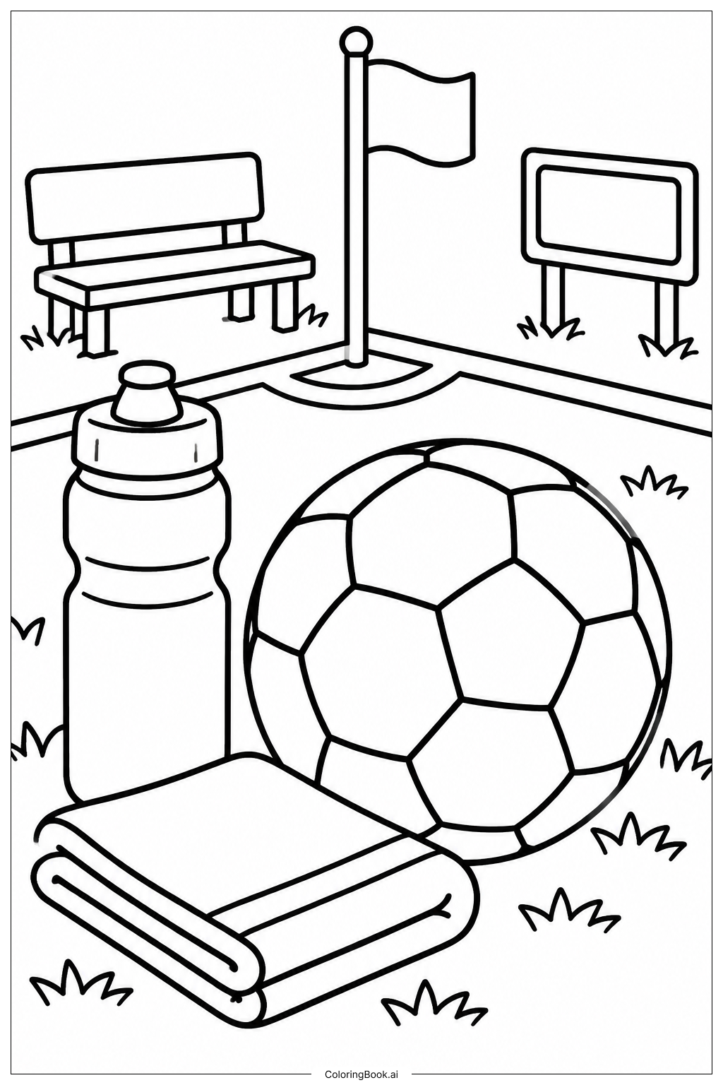 Fußball neben Wasserflasche Ausmalseite