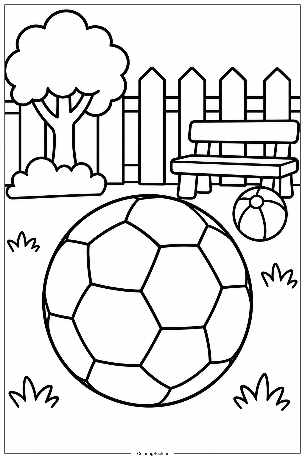  裏庭の芝生の上のサッカーボールの塗り絵ページ 
