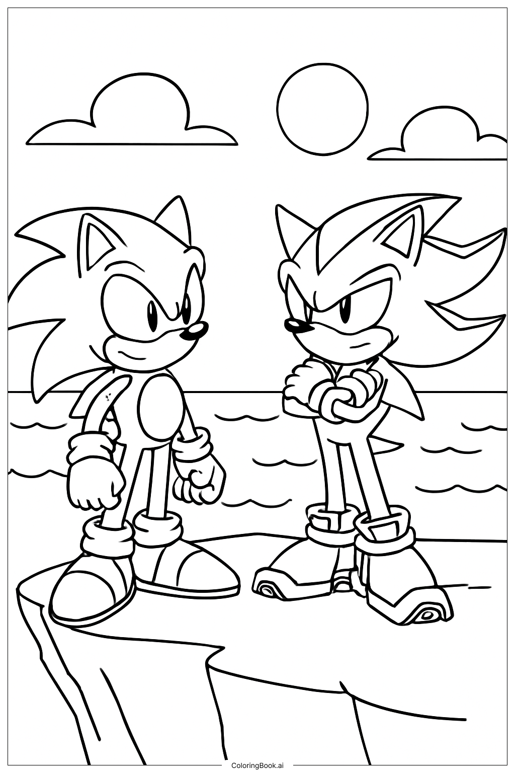  ソニックとシャドウの海辺の崖の塗り絵ページ 