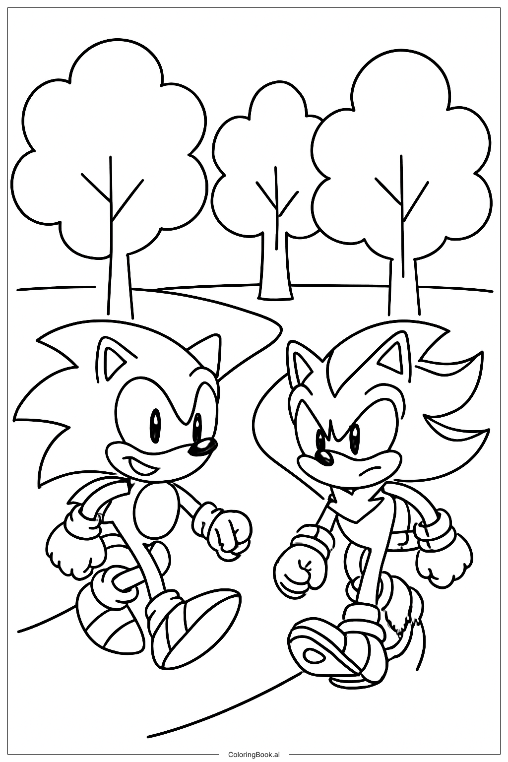  ソニックとシャドウが森の小道を探検の塗り絵ページ 