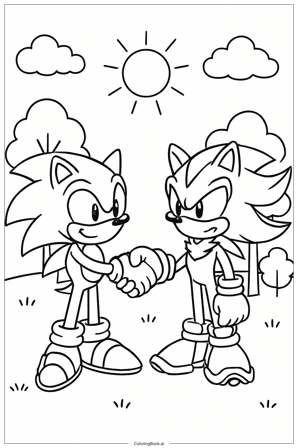  晴れた公園のソニックとシャドウの塗り絵ページ 