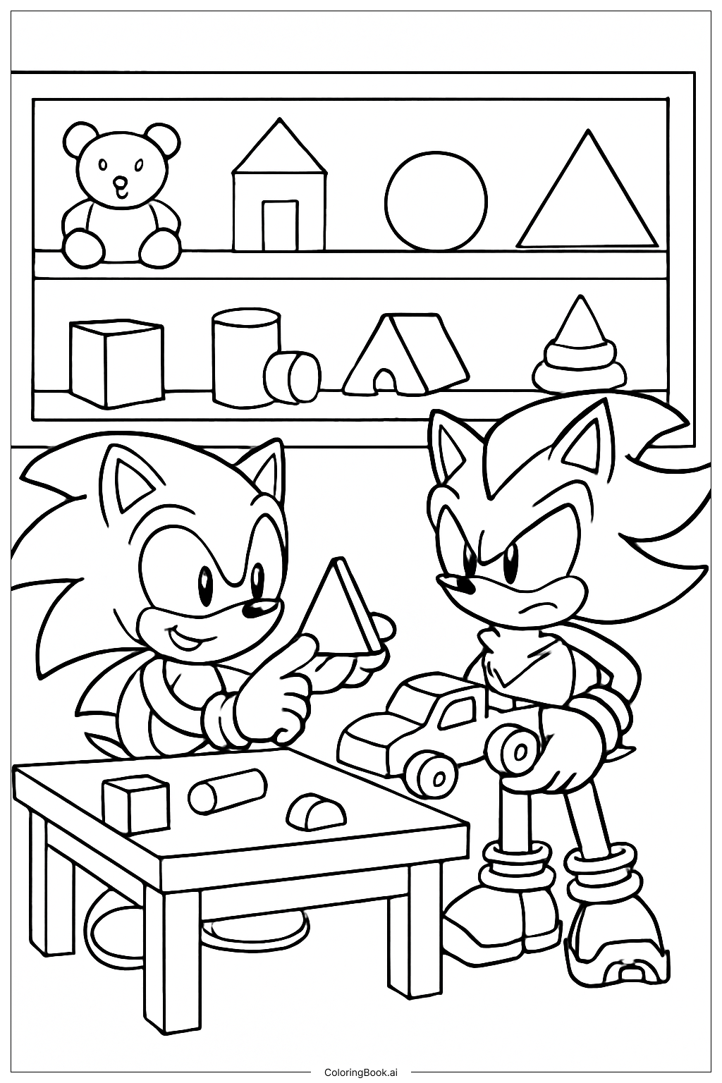  おもちゃ工房のソニックとシャドウの塗り絵ページ 