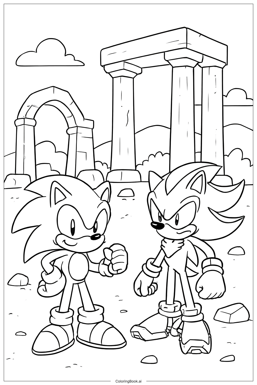  古代遺跡の近くのソニックとシャドウの塗り絵ページ 