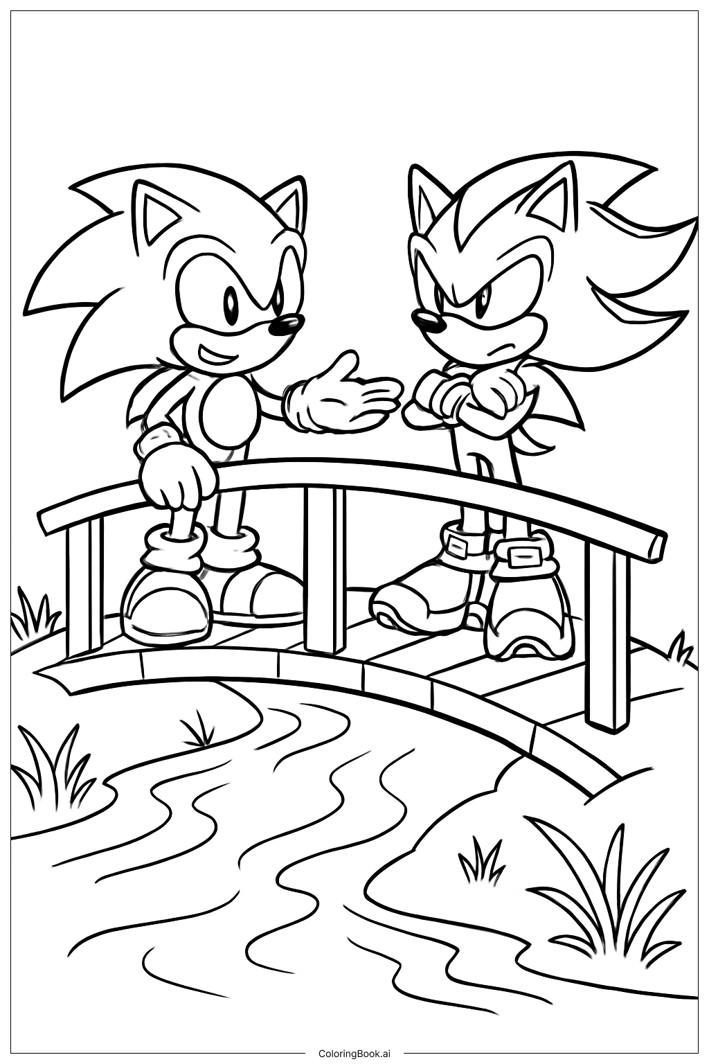 小川の上の橋のソニックとシャドウ