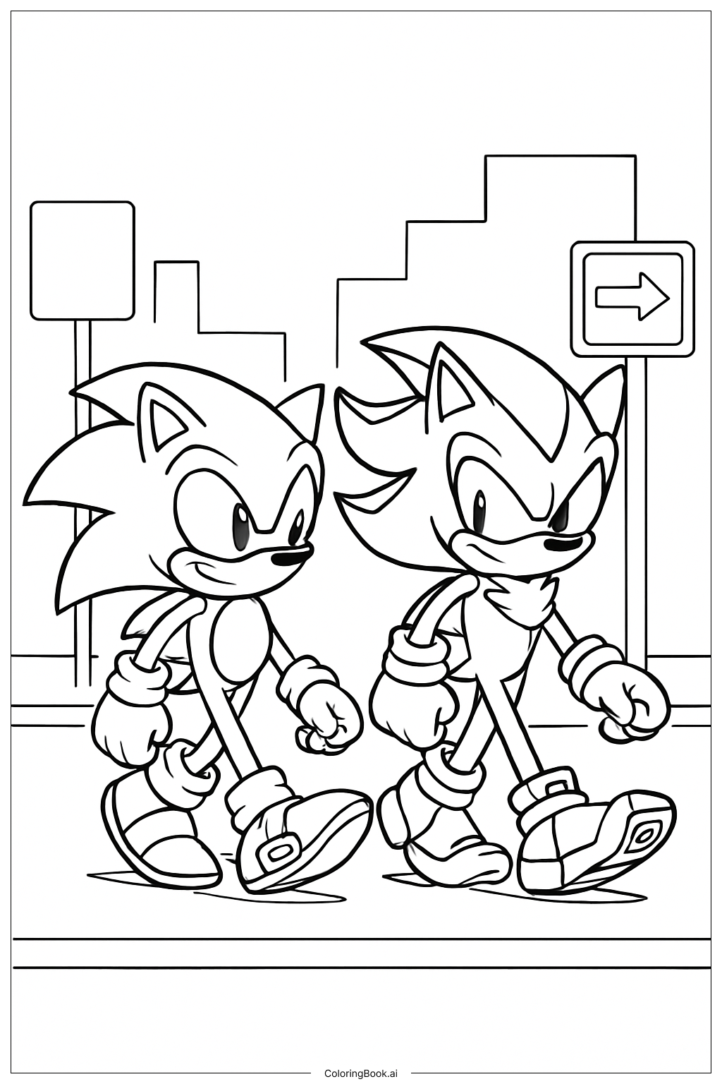  ソニックとシャドウが街の通りにいるの塗り絵ページ 