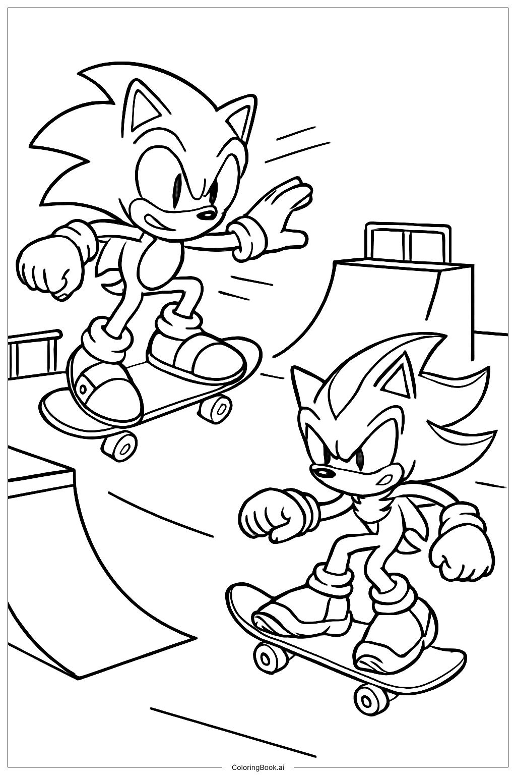  ソニックとシャドウのスケートパークの塗り絵ページ 