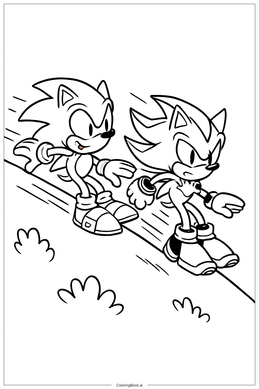  ソニックとシャドウが丘を滑り降りるの塗り絵ページ 