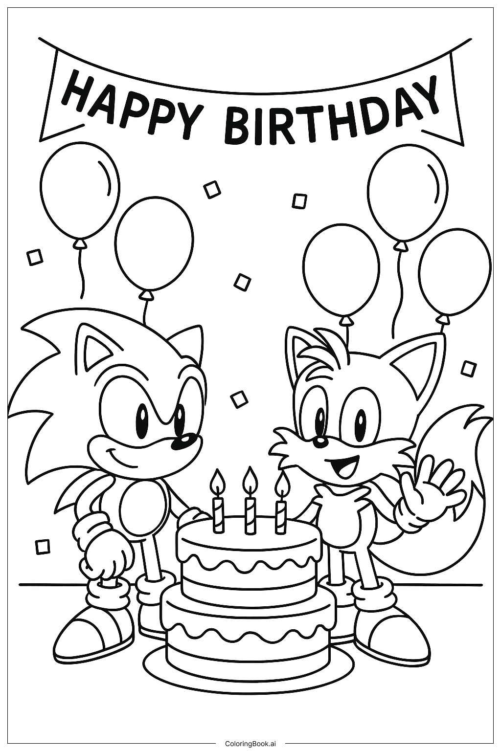  Página para colorear de Sonic y Tails en la fiesta de cumpleaños 