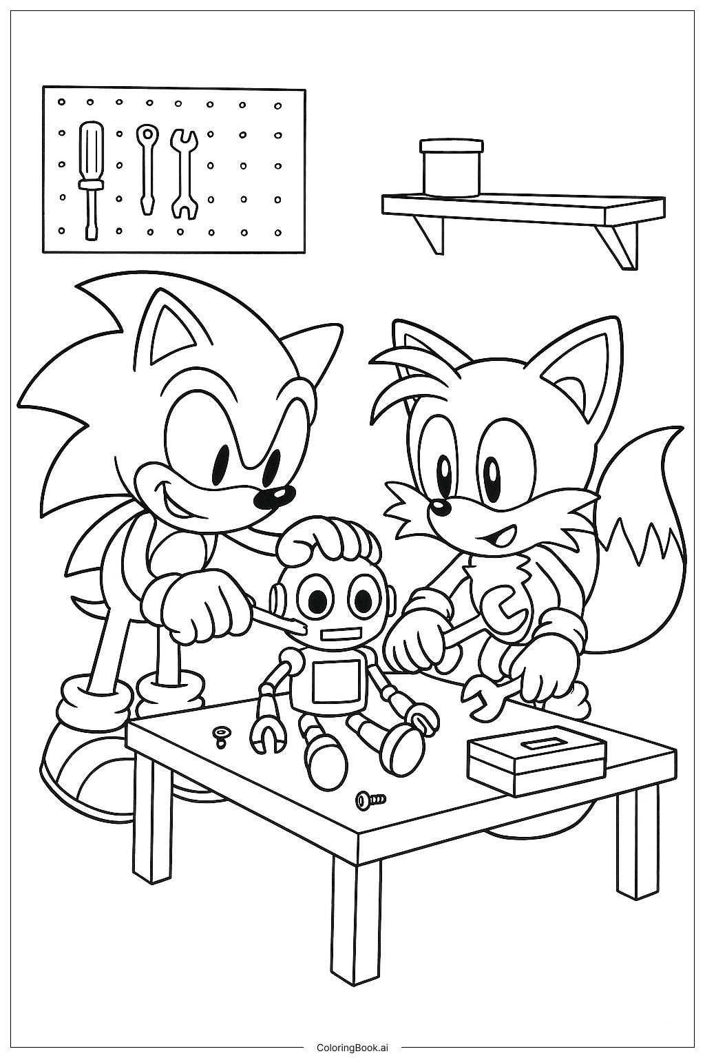  Página para colorear de Sonic y Tails arreglando un robot 