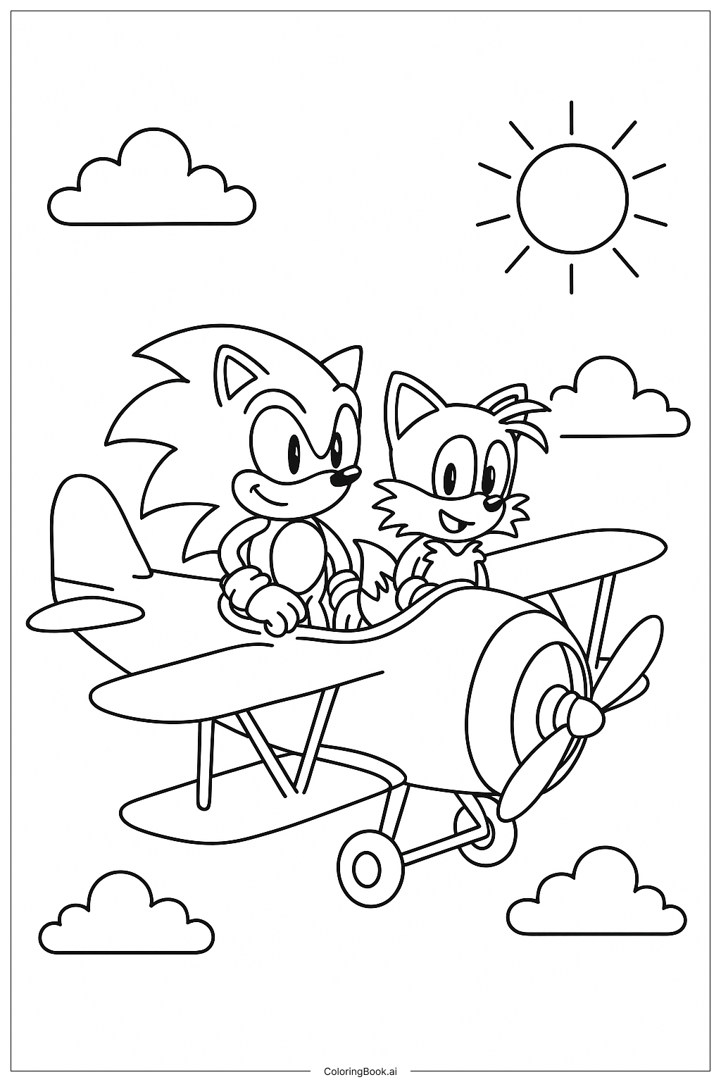  Página para colorear de Sonic y Tails volando en avión 