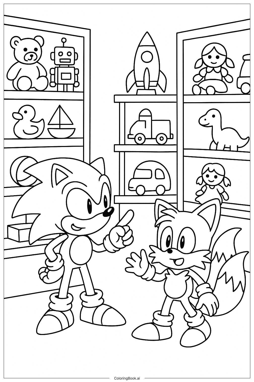 索尼克和尾巴在玩具店填色页 