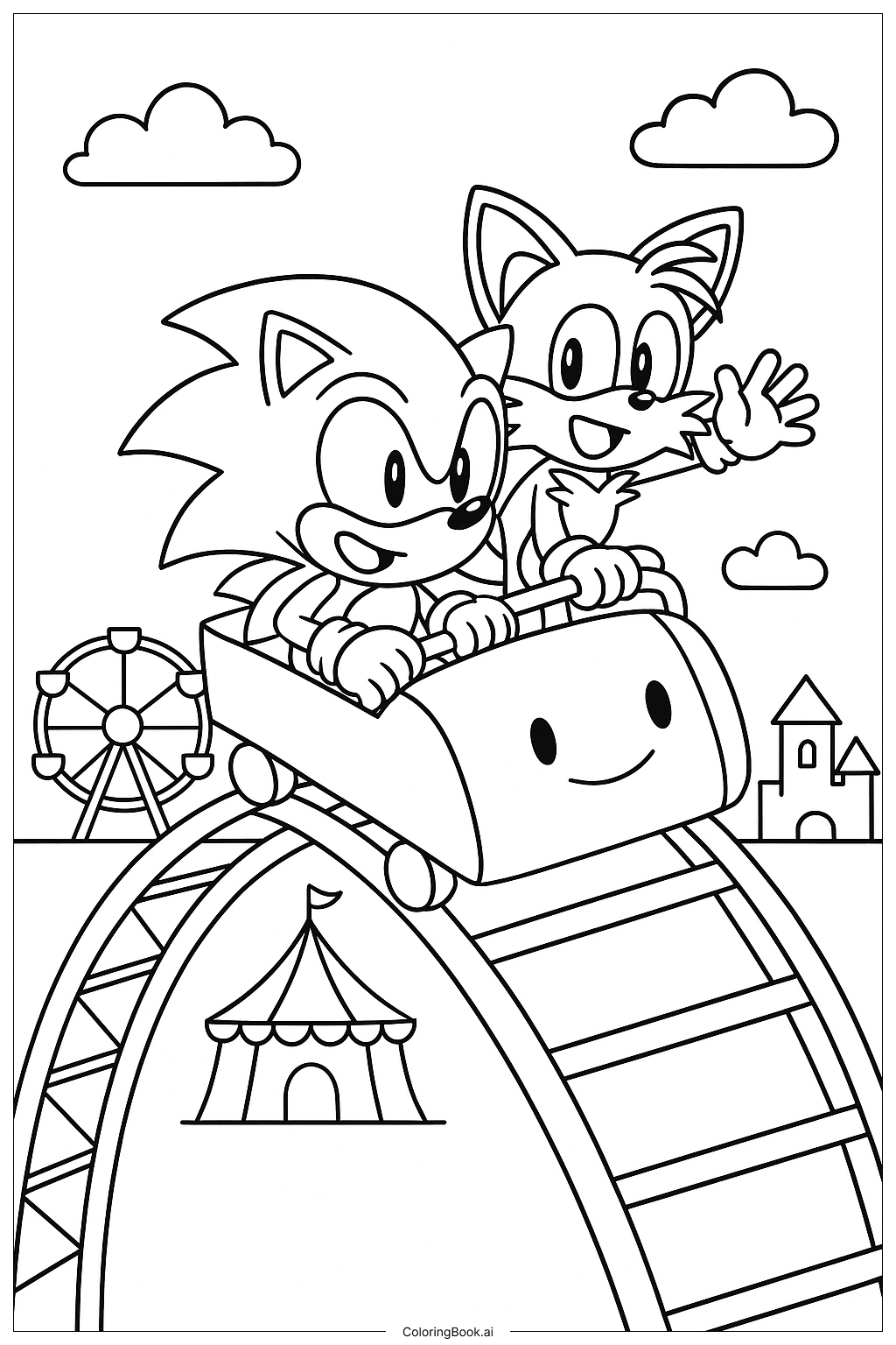  Página para colorear de Sonic y Tails en una Montaña Rusa 