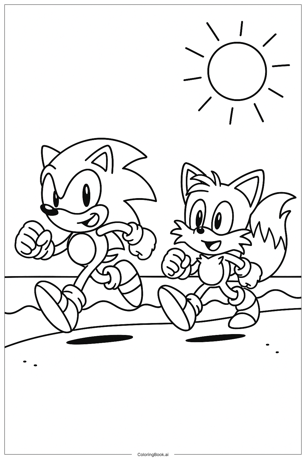  索尼克和尾巴在海滩赛跑填色页 