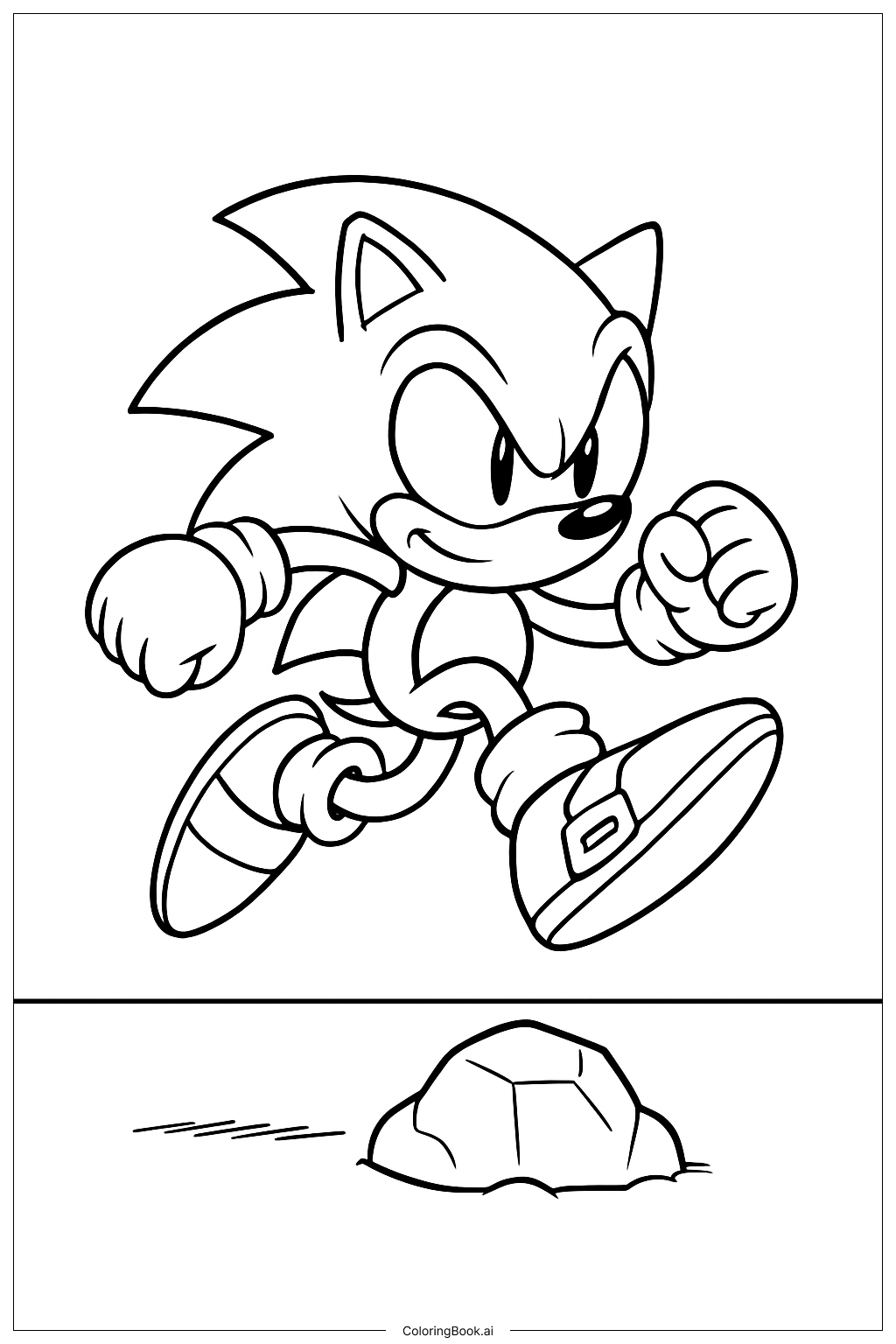  Página para colorir de Sonic the Hedgehog pulando sobre a pedra 