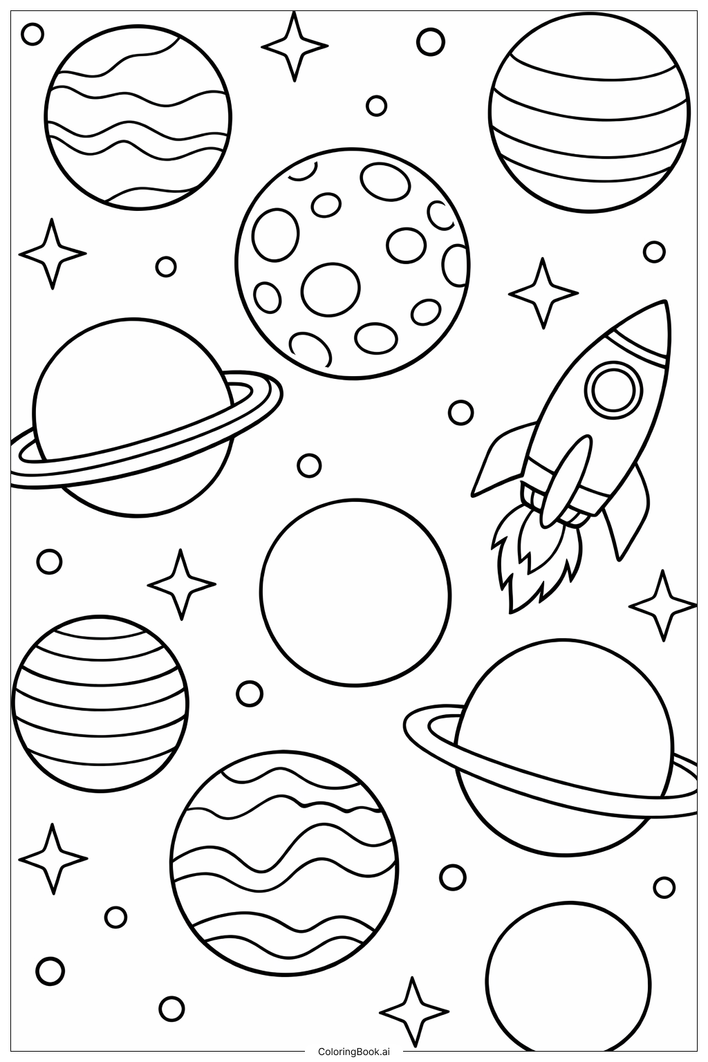  带行星的太空图案填色页 