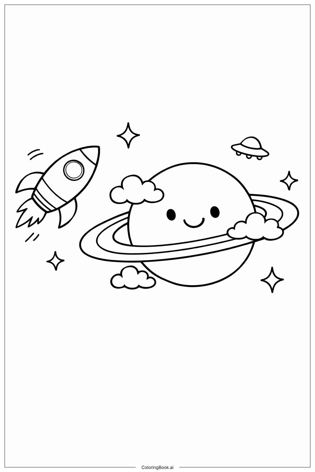  Página para colorir de Nave Espacial e Planeta Amigável 