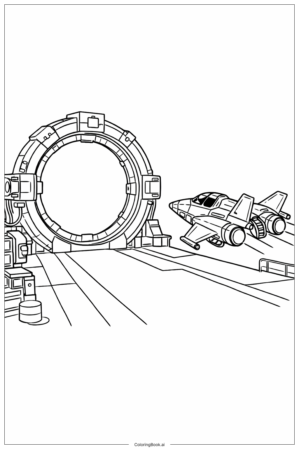 宇宙船ドッキングベイの塗り絵ページ 