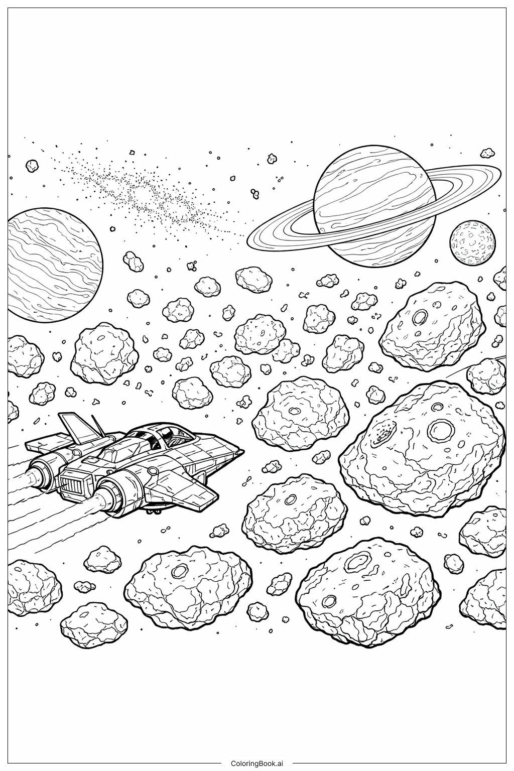 Spaceship Exploring Asteroid Field Coloring Page