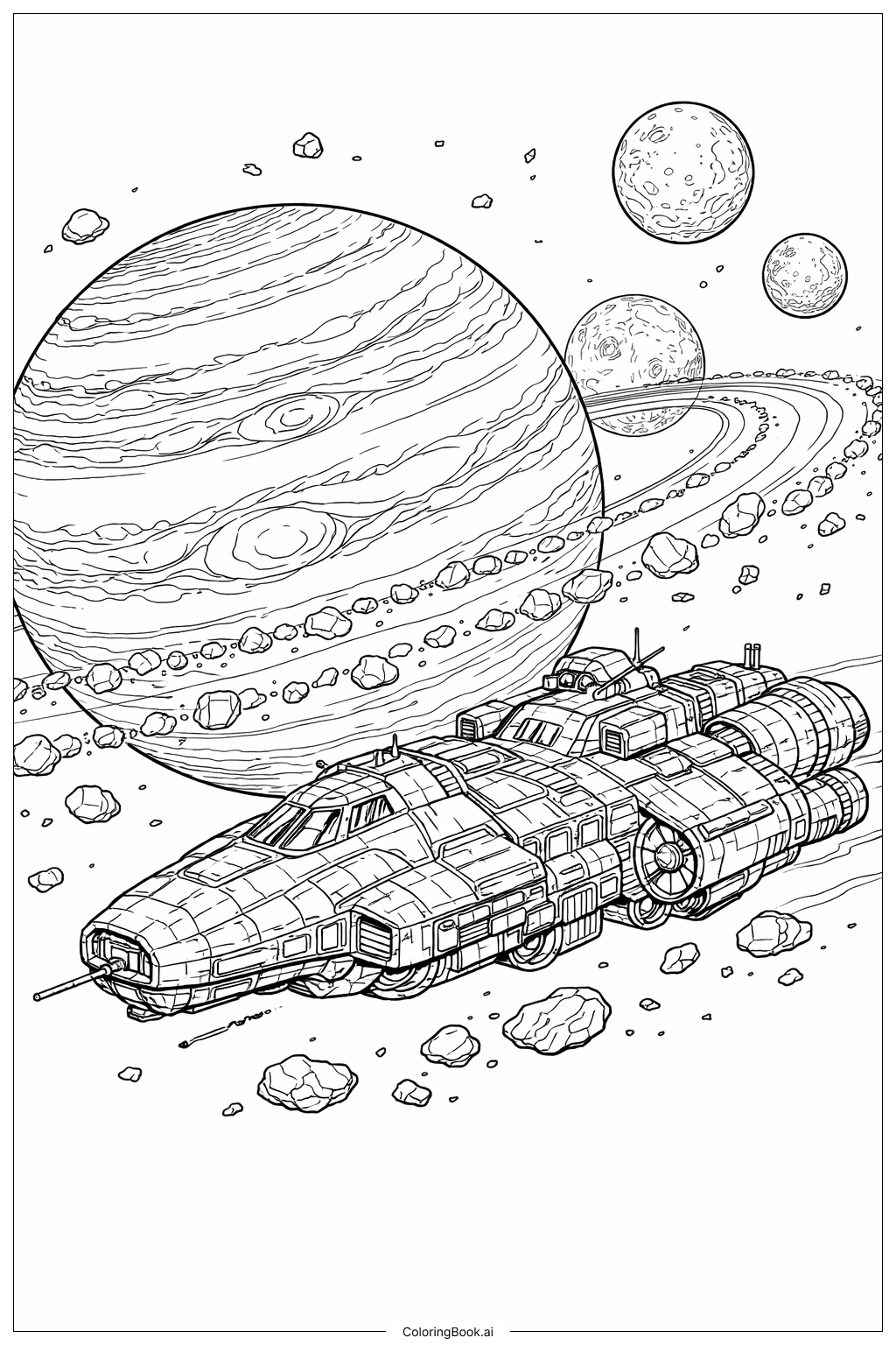  Page de coloriage Vaisseau spatial près d'une géante gazeuse 