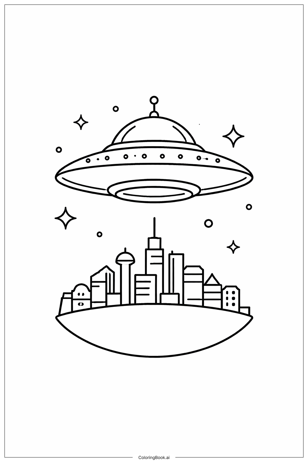 Spaceship Over City Planet Coloring Page