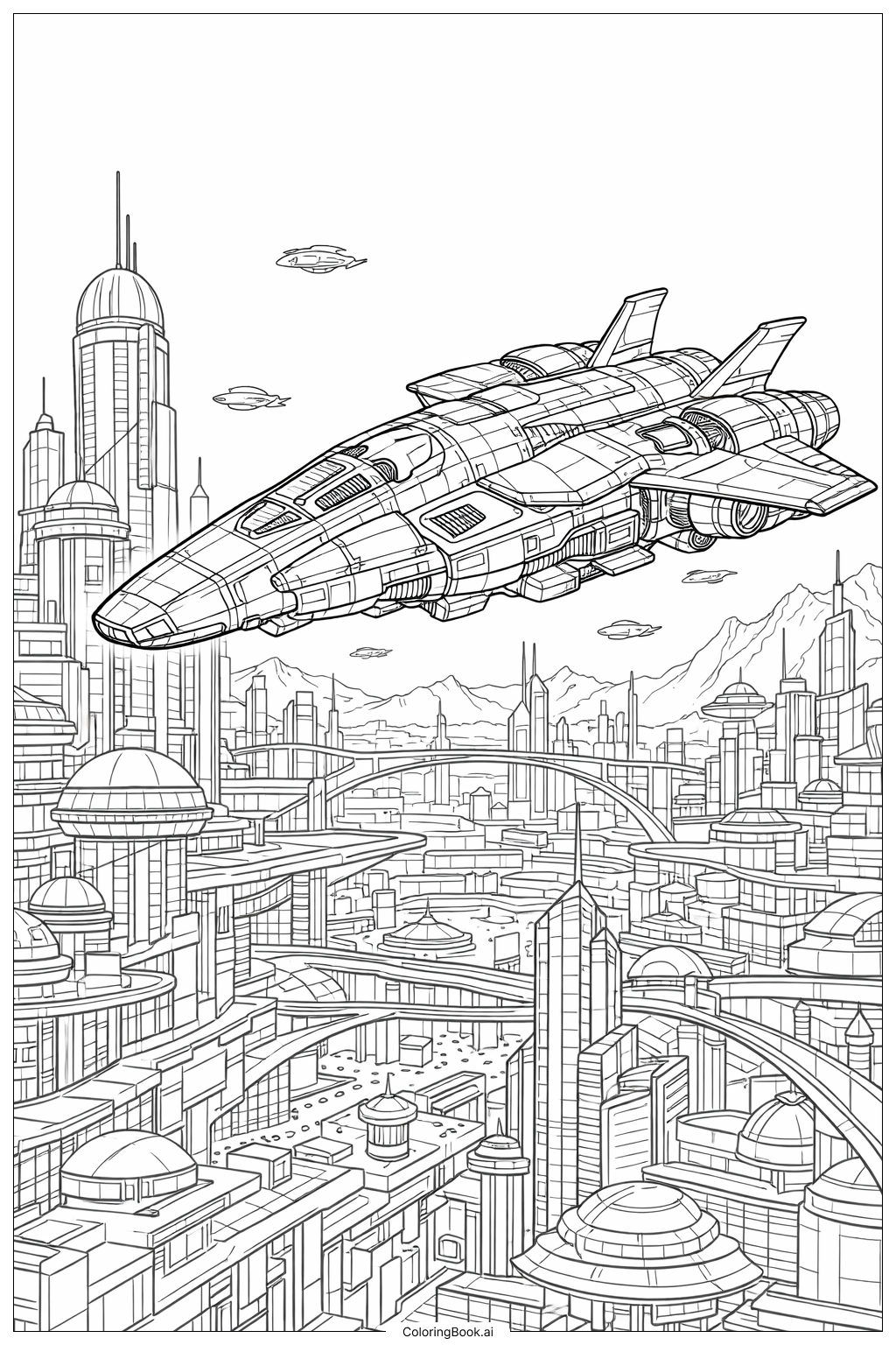  Página para colorir de Nave Espacial Sobre Cidade Futurista 