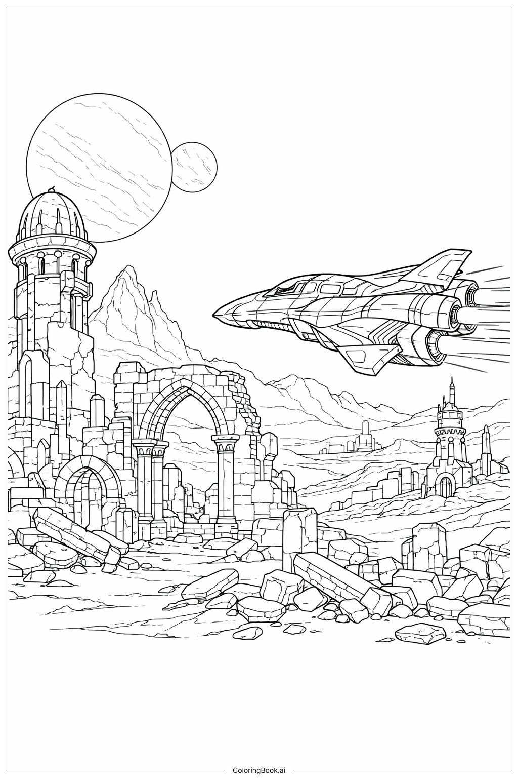  太空船飛越外星遺跡著色頁 