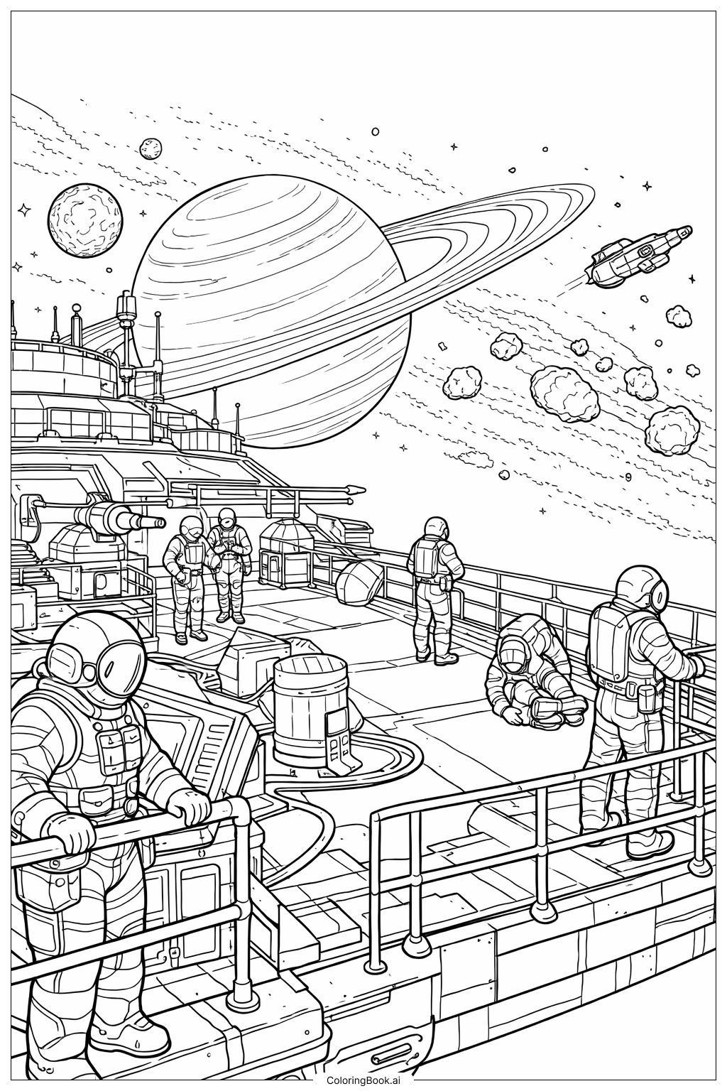  Page de coloriage Vaisseau Spatial avec Équipage sur le Pont 