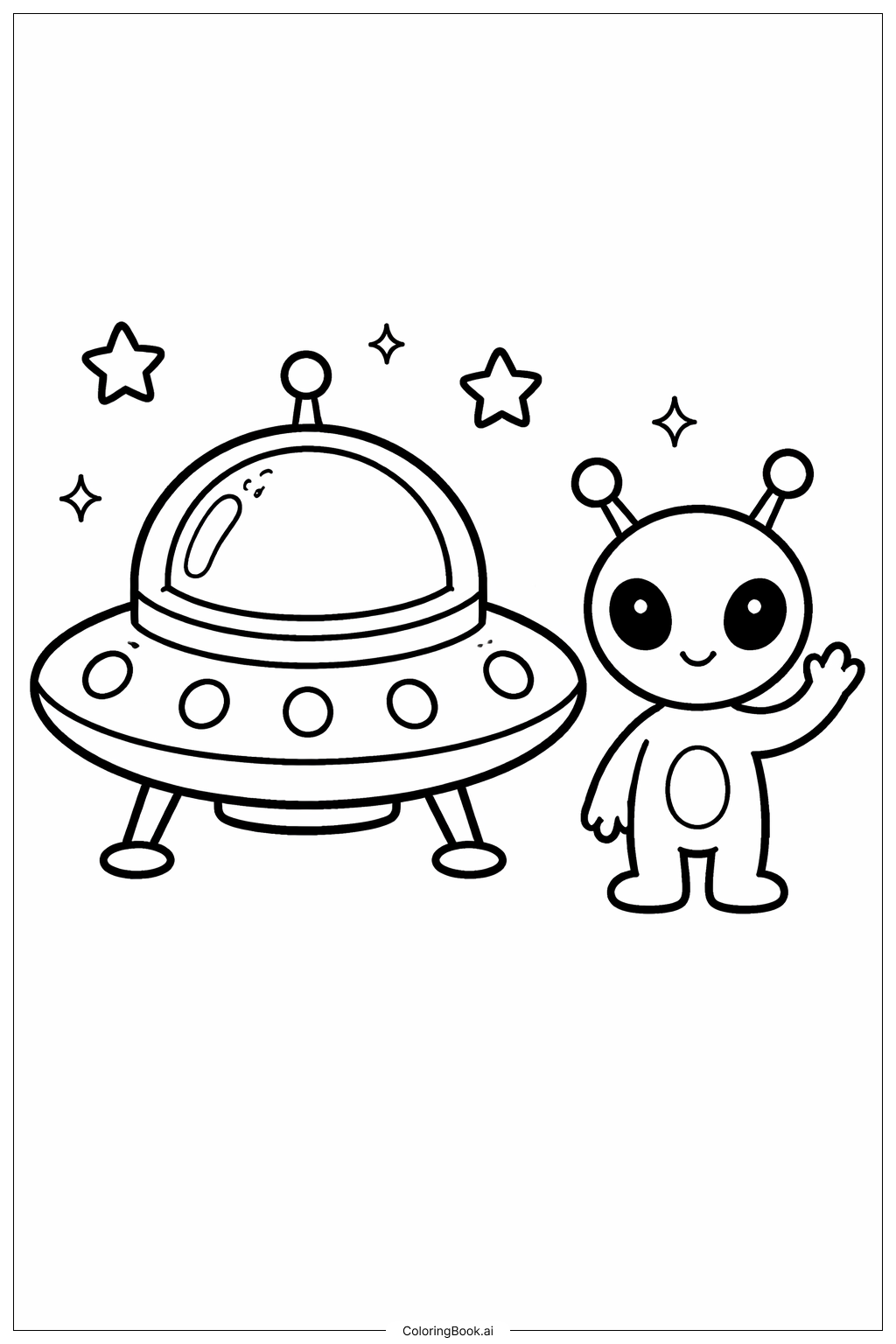  小さな宇宙人と宇宙船の塗り絵ページ 