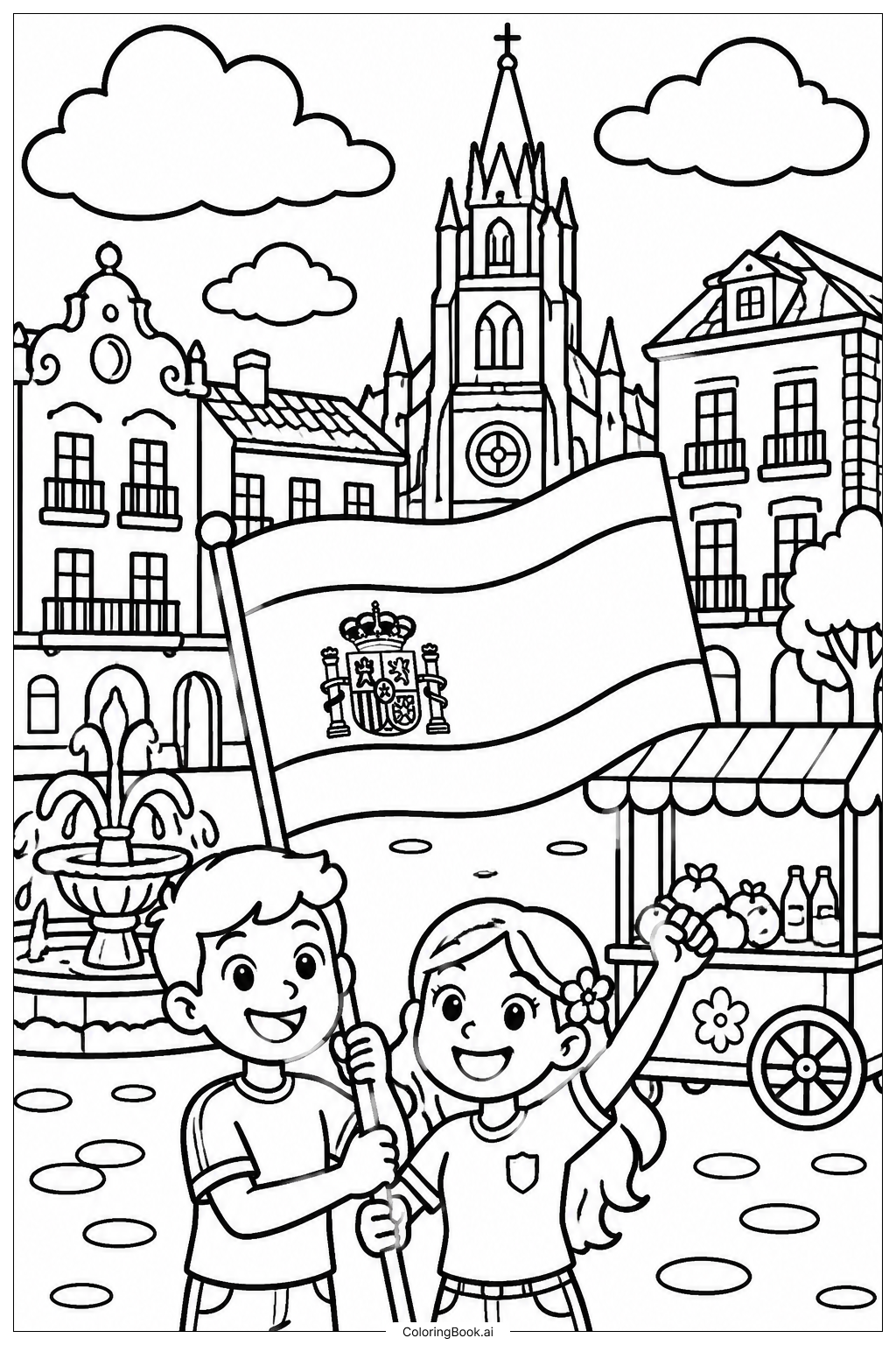 Spanische Flagge am Altstadtplatz Ausmalseite
