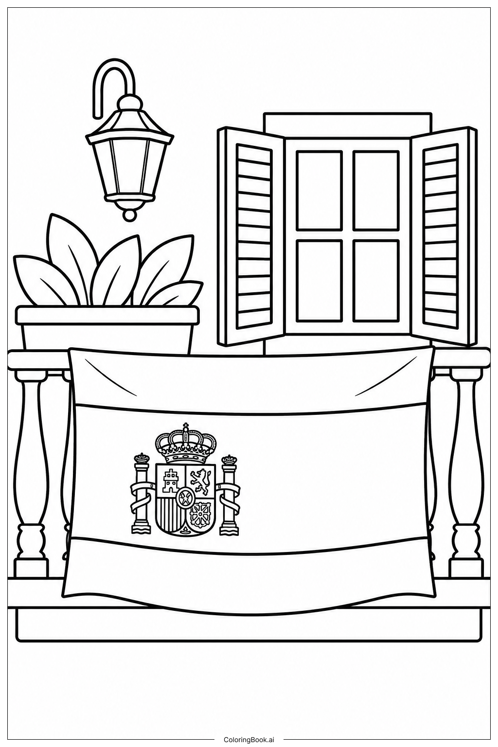 Spanische Flagge auf dem Balkon Ausmalseite
