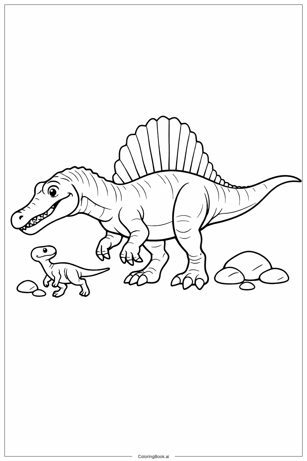  Página para colorir de Espinossauro e Pequeno Amigo Dinossauro 