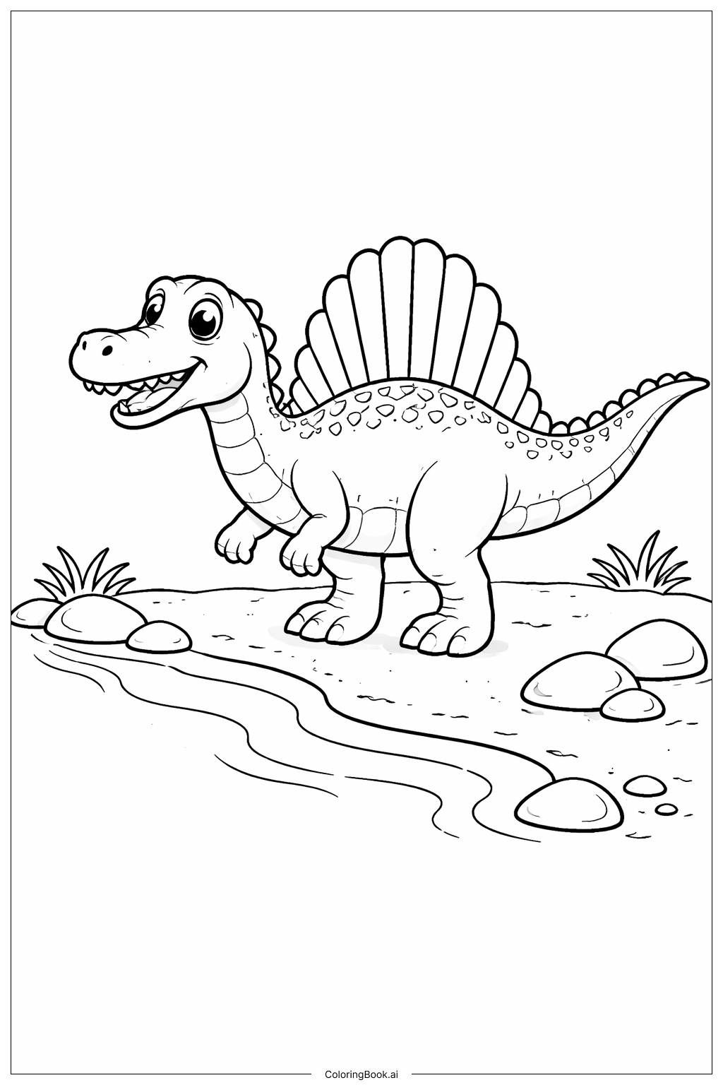  Página para colorir de Spinosaurus à beira do rio 