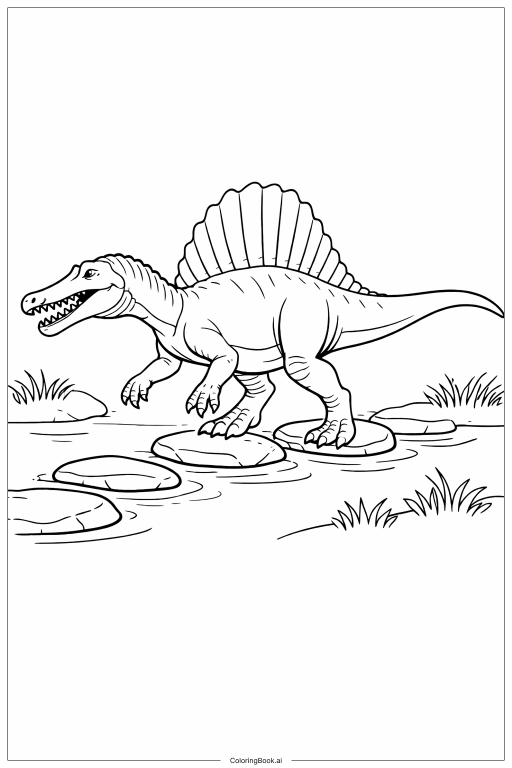  Página para colorir de Spinosaurus Atravessando um Riacho 