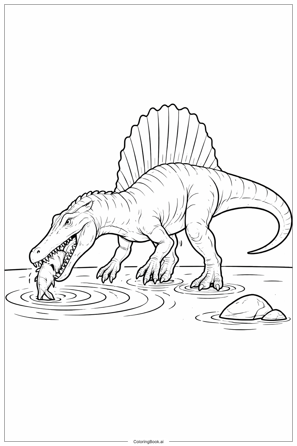 Página para colorir de Spinosaurus Caçando em Águas Rasas 