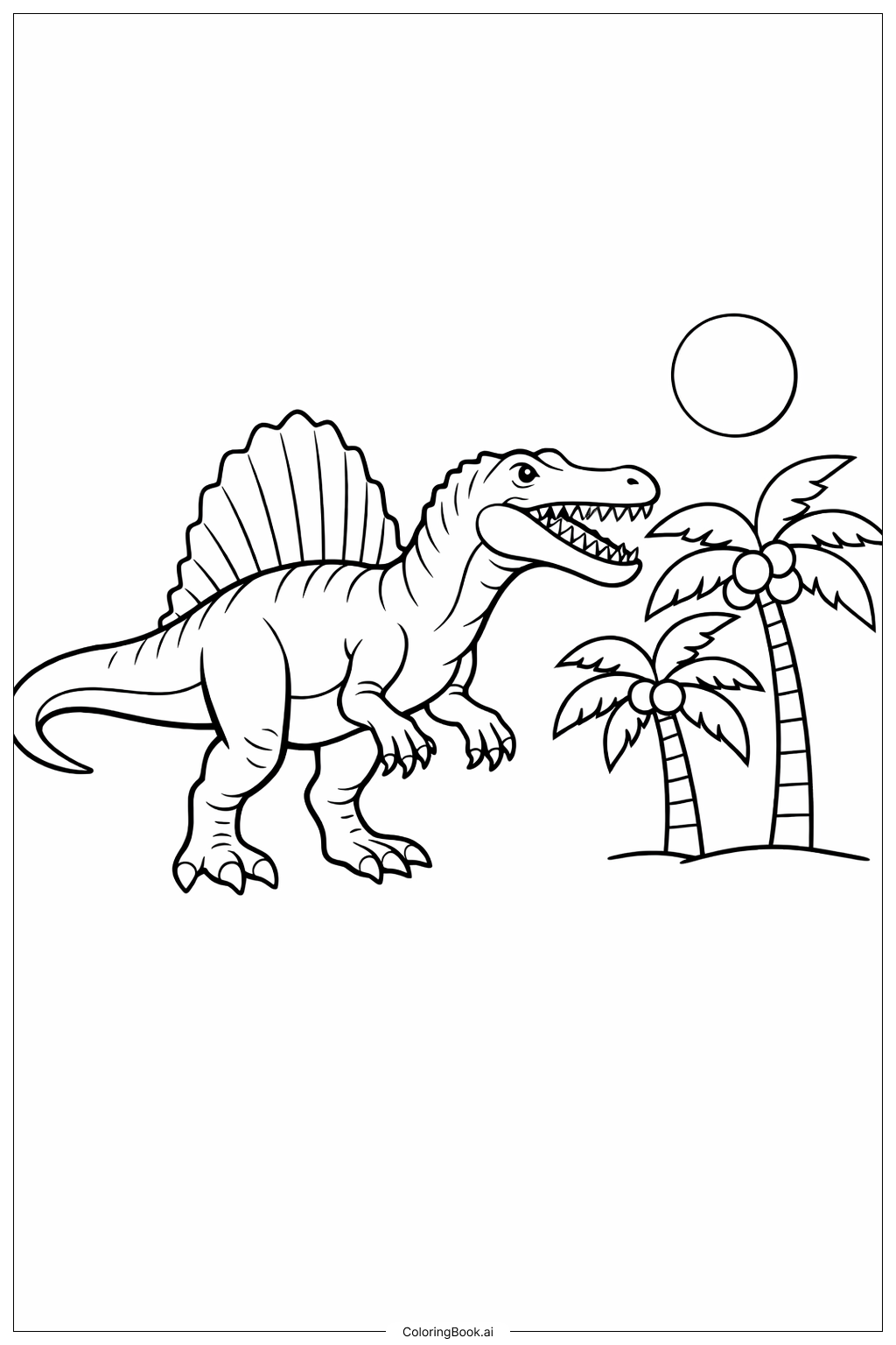  Página para colorir de Spinosaurus Perto de Palmeiras 