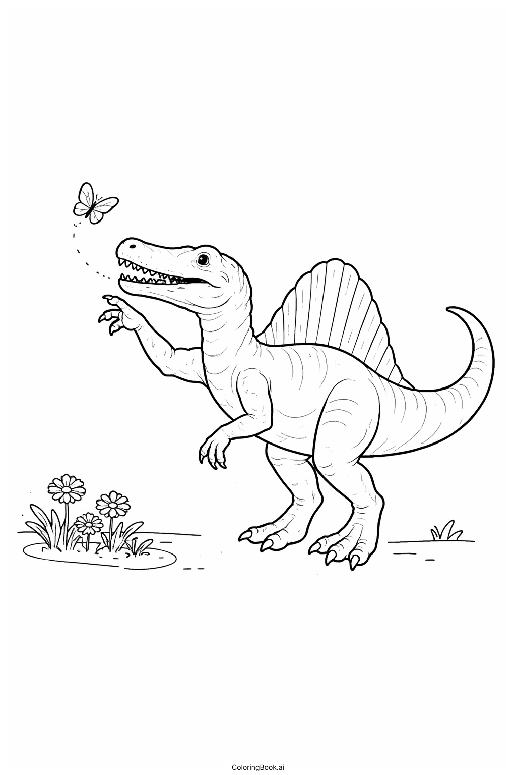  Página para colorir de Spinosaurus Brincando com Borboleta 